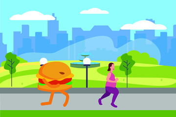 Loosing weight vector concept: fat woman running scared from the big monstrous burger at the city park