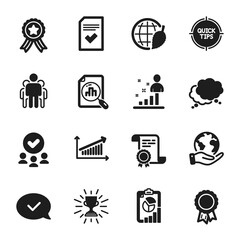 Set of Education icons, such as Stats, Analytics graph. Certificate, approved group, save planet. Chart, Report, Approved message. Environment day, Tips, Trophy. Vector