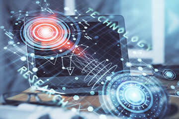 Multi exposure of computer on background and technology theme drawing. Concept of innovation.