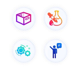 Chemistry experiment, Gears and Office box icons simple set. Button with halftone dots. Agent sign. Laboratory flask, Work process, Delivery box. Business person. Technology set. Vector