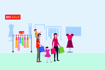 Family shopping vector concept: Happy family shopping at the clothing store