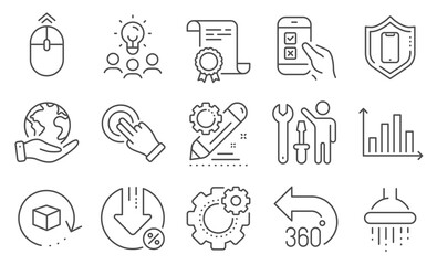 Set of Technology icons, such as Project edit, Mobile survey. Diploma, ideas, save planet. 360 degrees, Smartphone protection, Diagram graph. Touchscreen gesture, Swipe up, Repairman. Vector