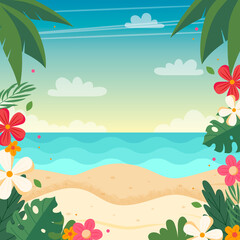 Fototapeta na wymiar Summer beach landscape with floral frame. Vector illustration in flat style