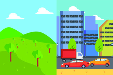 City traffic vector concept: City buildings with cars and truck on the road