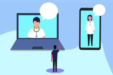Health and Medical vector concept: A male patient is having online consultation with doctors using laptop and smartphone