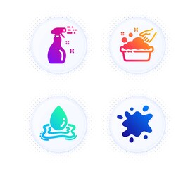 Cleaning spray, Water splash and Hand washing icons simple set. Button with halftone dots. Dirty spot sign. Washing cleanser, Aqua drop, Laundry basin. Laundry service. Cleaning set. Vector