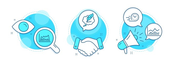 Trade infochart, Trade chart and Copyright chat line icons set. Handshake deal, research and promotion complex icons. Fast delivery sign. Business analysis, Market data, Speech bubble. Vector