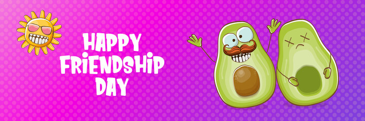 Happy friendship day cartoon comic horizontal banner with two funky avocado friends and cartoon sun isolated on violet background. Friendship day funky greeting card or party flyer. BFF concept