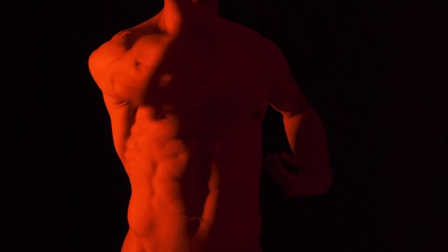 Naked body torso male with strong body doing arms and hands movements.