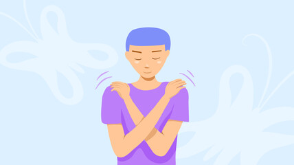 Butterfly hug. A psychology technique for self-soothing from anxiety and anger. A man cross his arms and tap his shoulder. It’s OK to not be OK. Vector illustration. Flat design
