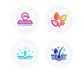 Clean skin, Uv protection and Plants watering icons simple set. Button with halftone dots. Serum oil sign. Cosmetics, Skin cream, Water drop. Healthy hairs. Healthcare set. Vector