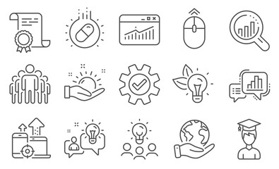 Set of Science icons, such as Sunny weather, Group. Diploma, ideas, save planet. Seo devices, Service, Swipe up. Website statistics, Eco energy, Idea. Seo analysis, Student, Graph chart. Vector