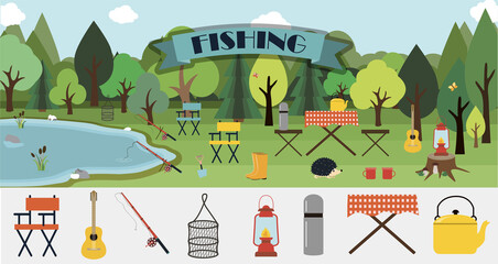 A set of flat vector leaflets for summer fishing, Hiking, picnic and tourism. Big banner with a picnic table, basket of mushrooms, fire, fishing rod, guitar and camping equipment. Picture with a rear