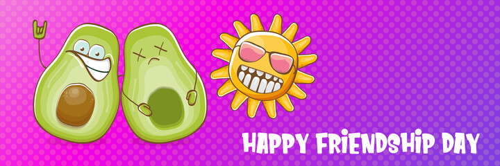 Happy friendship day cartoon comic horizontal banner with two funky avocado friends and cartoon sun isolated on violet background. Friendship day funky greeting card or party flyer. BFF concept