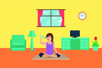Prenatal yoga vector concept: pregnant woman drinking bottled water while doing lotus pose of yoga in the living room