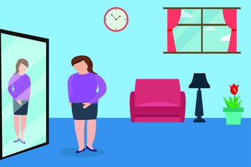 Weight loss vector concept: woman worried of her fat belly while looking at its mirror reflection