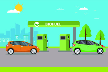 Biofuel vector concept: cars filling up gas a biofuel station
