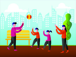 Family happiness vector concept: group of family throwing and catching basketball at the city park