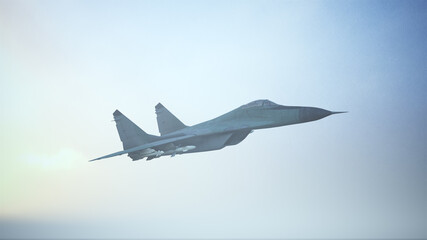 Fototapeta na wymiar Tactical Jet Fighter Aircraft Flying Low Sunrise Sunset 3d illustration 3d render
