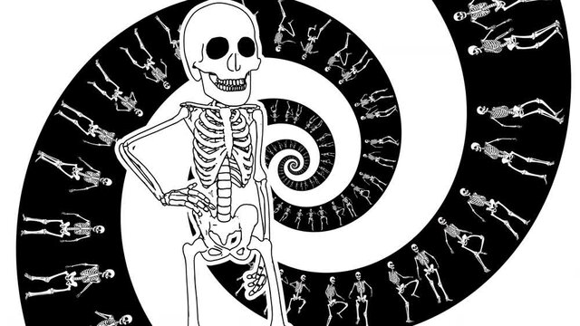 Seamless animation of swirl of psychedelic dancing skeletons and skeleton in catwalk printed drawn style cartoon. Hypnotic halloween background with marker stroke effect.