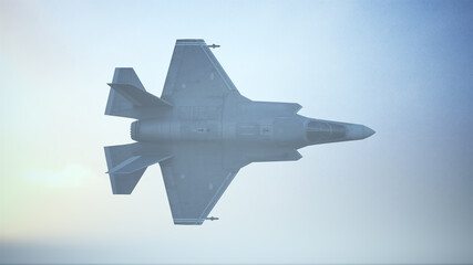 Fototapeta na wymiar Strike Fighter Jet Aircraft Flying Low Sunrise Sunset 3d illustration 3d render