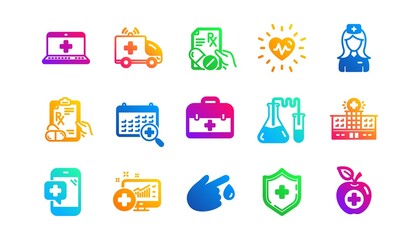 Hospital assistance, Health food diet and Laboratory. Medical icons. Chemistry classic icon set. Gradient patterns. Quality signs set. Vector