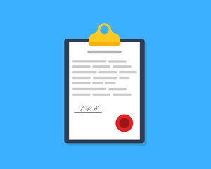 Contract or document with a sign. Paper with a stamp. Clipboard. Form on a board. Vector illustration