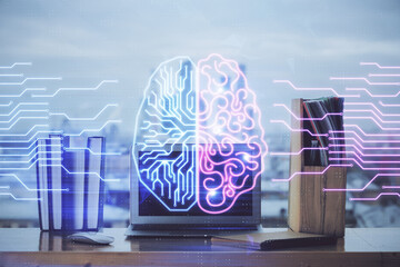 Double exposure of work table with computer and brain sketch hologram. Brainstorming concept.