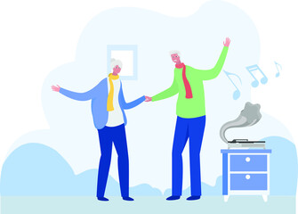 Happy elderly couple vector concept: Senior couple dancing through the music coming from the gramophone