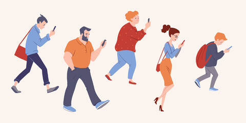 Diverse group of people walking with smartphones. Women and men talking, texting, searching internet. Gadget addiction concept banner. Vector character illustration.