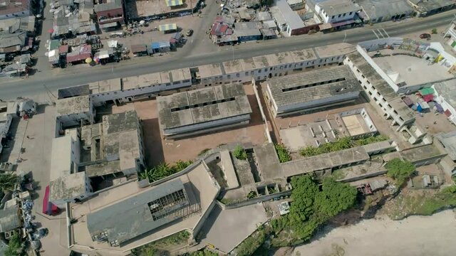 Ussher Fort, Accra top to side aerial view in 60fps