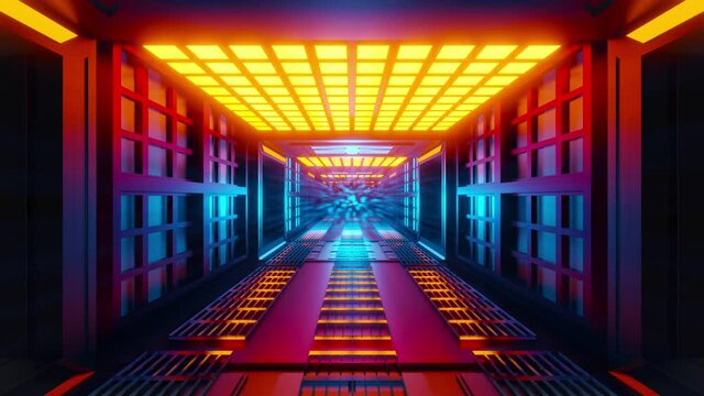 3d rendered Animation of a science fiction space ship or space station tunnel interior.