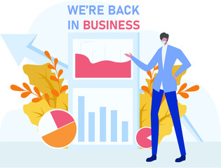 Business new normal vector concept: businessman wearing face mask while doing presentation of the business chart's profit and loss