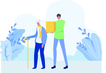 Senior citizen vector concept: young man helping the old woman by carrying her box