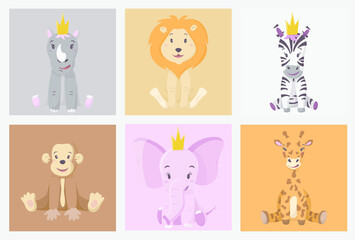 Vector illustration set of cartoon wild multicolored African shadow animals: lion, monkey, zebra, rhino, elephant, giraffe.