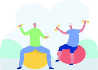 Healthy lifestyle vector concept: elderly couple sitting on gym balls while lifting weights