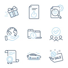 Present delivery, Approved document and Sale line icons set. Diploma certificate, save planet, group of people. Car, Seo stats and Time management signs. Vector