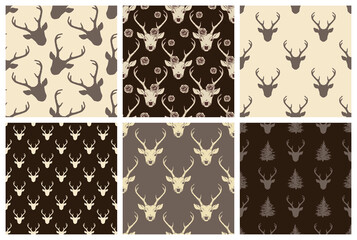Seamless patterns set with deer heads