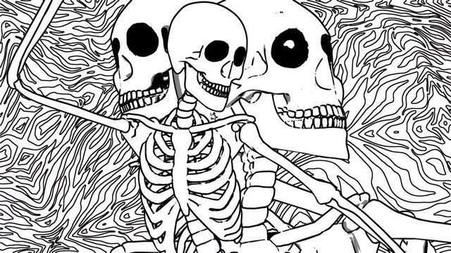 Seamless animation of a dancing skeletons printed drawn style cartoon on a zebra backdrop. Funny halloween background with marker stroke effect in black and white.