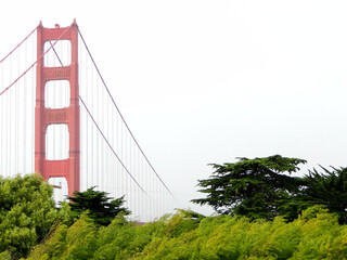 Landscape of Golden Gate Bridge on a fogy day. Golden Gate Bridge is suspension bridge spanning the Golden Gate in San Francisco, CA, USA.
