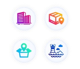 Parcel tracking, Package location and Buildings icons simple set. Button with halftone dots. Lighthouse sign. Package location pin, Delivery tracking, City architecture. Navigation beacon. Vector