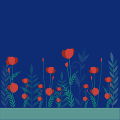 Flowery background of simplified and stylized plants and poppy flowers