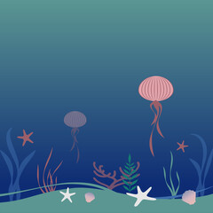 Obraz na płótnie Canvas Seabed with empty space, starfish, jellyfish, shells, coral and algae