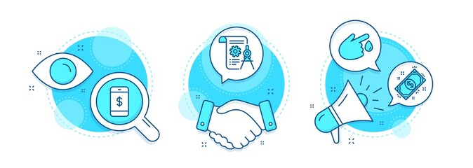 Blood donation, Smartphone payment and Divider document line icons set. Handshake deal, research and promotion complex icons. Payment sign. Injury, Mobile pay, Report file. Finance. Vector