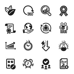Set of Science icons, such as Teamwork, Report. Certificate, approved group, save planet. Time management, Seo analysis, Energy drops. Survey, Organic product, Medical tablet. Vector