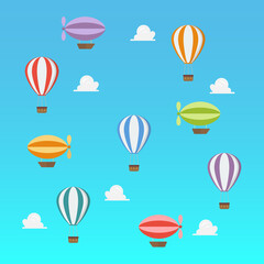 Luftschiffe und Heißluftballon fliegen am blauen Himmel