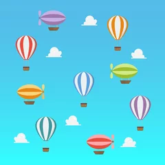 Deurstickers Luchtballon Luchtschepen en hete luchtballon vliegen op blauwe lucht