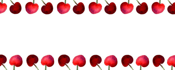 Hand drawn illustration of cherry. Frame made of berries on white background. Organic fruit grown on the farm