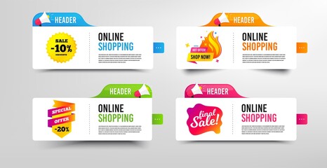 Final sale, 10% discounts and Special offer. Megaphone promotional banner. Discount banner with speech bubble. Shop now badge. Online shopping template with loudspeaker. Vector