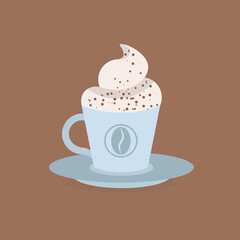 Coffee cup with foam and cinnamon. Flat style. Vector illustration